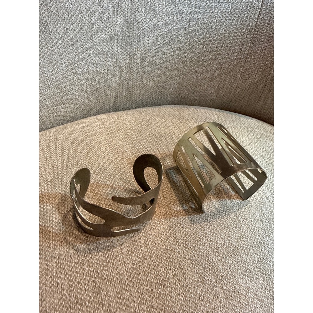 Vintage Cuff Bracelet Set Gold Bronze Tone Geometric Organic Textured 2PC Lot